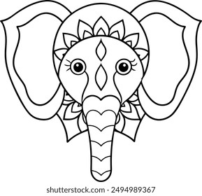 Elephant head coloring page kids friendly simple line art cute elephant  face with geometric flower mandala design pattern minimal clipart art KDP coloring interior