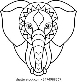 Elephant head coloring page kids friendly simple line art cute elephant  face with geometric flower mandala design pattern minimal clipart art KDP coloring interior