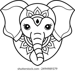 Elephant head coloring page kids friendly simple line art cute elephant  face with geometric flower mandala design pattern minimal clipart art KDP coloring interior