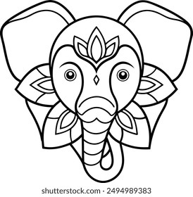 Elephant head coloring page kids friendly simple line art cute elephant  face with geometric flower mandala design pattern minimal clipart art KDP coloring interior