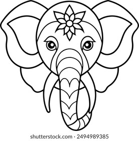 Elephant head coloring page kids friendly simple line art cute elephant  face with geometric flower mandala design pattern minimal clipart art KDP coloring interior