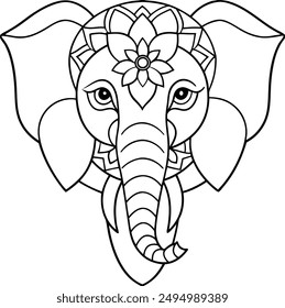 Elephant head coloring page kids friendly simple line art cute elephant  face with geometric flower mandala design pattern minimal clipart art KDP coloring interior