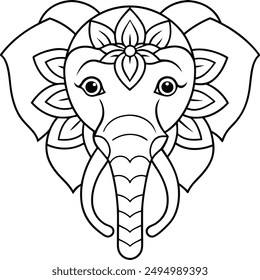 Elephant head coloring page kids friendly simple line art cute elephant  face with geometric flower mandala design pattern minimal clipart art KDP coloring interior