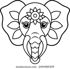 Elephant head coloring page kids friendly simple line art cute elephant  face with geometric flower mandala design pattern minimal clipart art KDP coloring interior