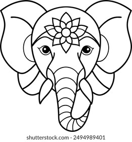 Elephant head coloring page kids friendly simple line art cute elephant  face with geometric flower mandala design pattern minimal clipart art KDP coloring interior