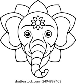 Elephant head coloring page kids friendly simple line art cute elephant  face with geometric flower mandala design pattern minimal clipart art KDP coloring interior