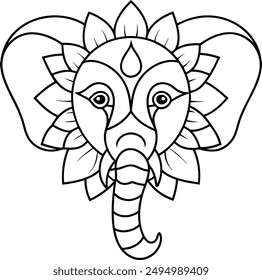 Elephant head coloring page kids friendly simple line art cute elephant  face with geometric flower mandala design pattern minimal clipart art KDP coloring interior