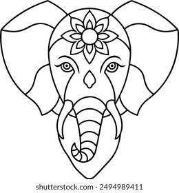 Elephant head coloring page kids friendly simple line art cute elephant  face with geometric flower mandala design pattern minimal clipart art KDP coloring interior