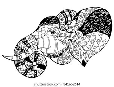 Elephant head doodle on white background.Graphic illustration vector zentangle ready for coloring book.