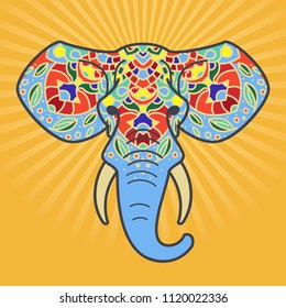 Elephant head with a floral ornament. Colorful vector illustration in flat line style.