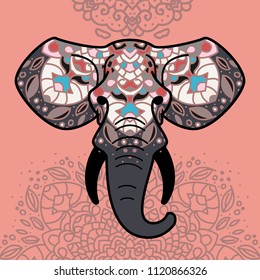 Elephant head with a floral ornament. Colorful vector illustration in flat line style.