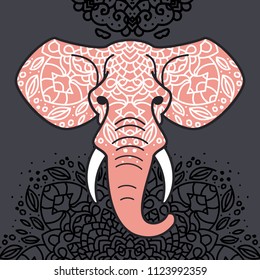 Elephant head with a floral ornament. Colorful vector illustration in flat line style.