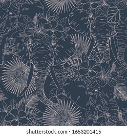 Elephant head with flower wreath vector seamless pattern. Exotic rainforest elegant linear backdrop. Staring wild animal with exotic Hibiscus, Plumeria blossom. Animalistic textile, wallpaper design