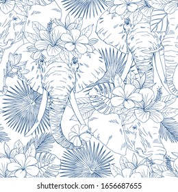 Elephant head with flower wreath vector seamless pattern. Exotic rainforest sketchy backdrop. Staring wild animal with exotic Hibiscus, Plumeria blossom. Animalistic textile, wallpaper design