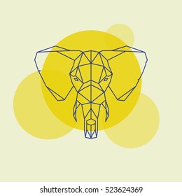 Elephant head geometric lines silhouette isolated on a yellow circle. Vector illustration.