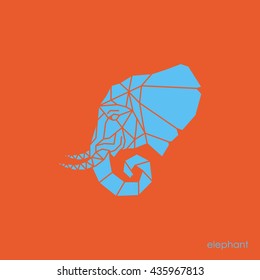 Elephant head in geometry style made of triangle shapes. Blue elephant on orange background. Vector illustration. 