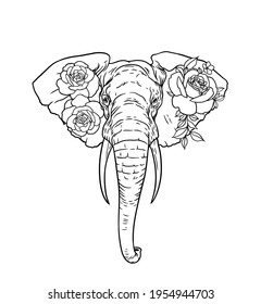 Elephant head hand drawn sketch. Majestic African animal with an exotic flower in black ink illustration.