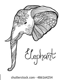 elephant head hand drawn tangled illustration. coloring page for adult and children