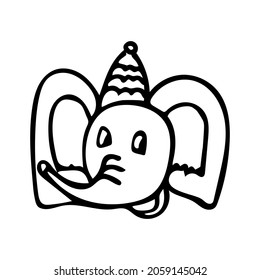 Elephant head with hat in cartoon style. Festive childrens illustration for postcards, posters. Vector illustration.