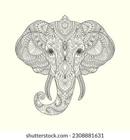 Elephant head in historical style. Sacred animal of Mughal and India. Hand drawn design in linear style. Vector illustration.