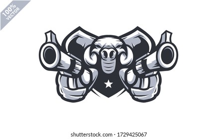 Elefantenkopf mit zwei Waffen, taktisches Team, Airsoft Pistole oder Paintball Club Logo. Gestaltungselement für Firmenlogo, Emblem, Bekleidung oder andere Waren. Skalierbare und bearbeitbare Vektor-Darstellung