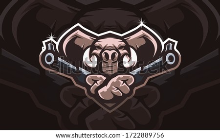 Elephant head holding two gun, tactical team, Airsoft gun or Paintball club logo. Design element for company logo, emblem, apparel or other merchandise. Scalable and editable Vector illustration