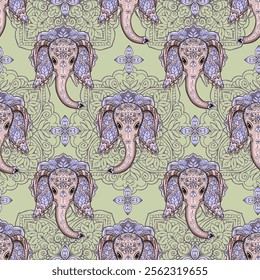 Elephant head Indian style ethnic seamless pattern design with ornamental mandala background