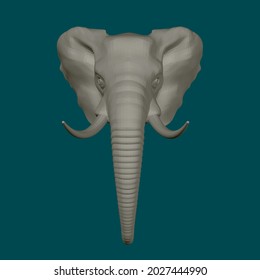 Elefantenkopf einzeln auf blauem Hintergrund. 3D. Vorderseite. Vektorgrafik.