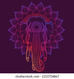 Elephant head isolated on a decorative Lotus frame. Popular motiff in Asian arts and crafts. Intricate hand drawing isolated on dark purple background. Tattoo design. EPS10 vector illustration