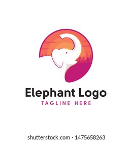 Elephant Head Logo Negative. Wild Nature Circle Logo. Wildlife with Landscape Elephant Logo