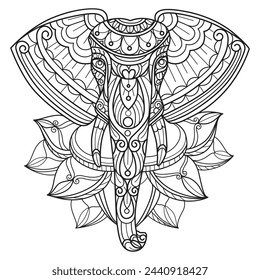 Elephant head and lotus flower hand drawn for adult coloring book