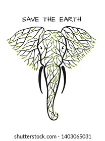 Elephant head made from tree leaves. Save the earth. Vector design