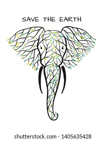 Elephant head made from tree leaves. Save the earth. Vector design