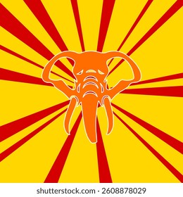 Elephant head on a background of red flash explosion radial lines. The large orange symbol is located in the center of the sun, symbolizing the sunrise. Vector illustration on yellow background
