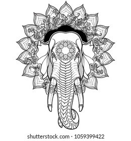 Elephant head on lotus mandala. Popular motiff in Asian arts and crafts. Intricate hand drawing isolated on white background. Tattoo design. EPS10 vector illustration