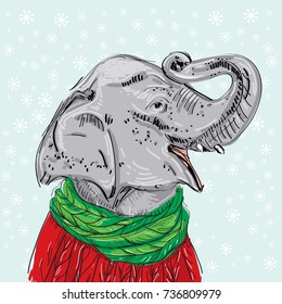 Elephant head with a raised trunk in a Christmas red knitted sweater and a green scarf.  Sketch drawing. Black contour on a blue background. Vector