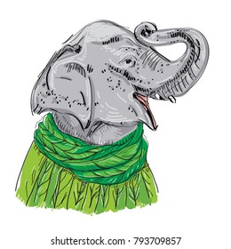 Elephant head with a raised trunk in a green knitted sweater and scarf. Sketch drawing. Black contour on a white background. Vector