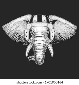 Elephant head. Rugby leather helmet. Portrait of wild animal.