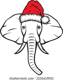 Elephant Head and Santa Hat (Christmas design). Vector Illustration.