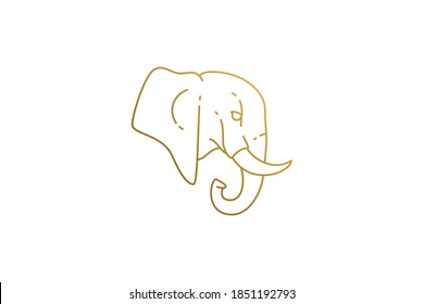 Ilustración vectorial lineal de la silueta de la vista lateral de la cabeza del elefante. Cabeza de elefante salvaje dibujada con delgadas líneas doradas símbolo de vida salvaje exótica. Es bueno para el emblema del logo o la decoración de afiches.