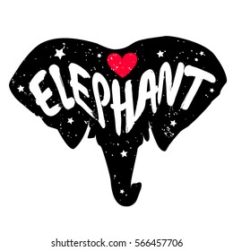 Elephant head silhouette with inscription and red heart. Lettering text Love elephant. Vector.