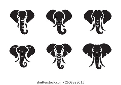 Elephant head silhouette logo icon isolated on white background, animal clip art bundle