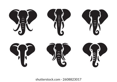 Elephant head silhouette logo icon isolated on white background, animal clip art bundle