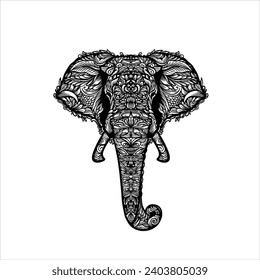 cabeza de elefante con patrón estilizado de hojas y frondas. Las ilustraciones se forman con vectores.