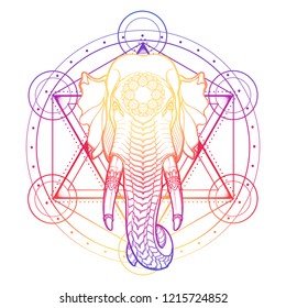 Elephant head in a symbol of anahata chakra. Popular motiff in Asian arts and crafts. Intricate hand drawing Isolated on a white background. Tattoo design EPS10 vector illustration