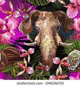 Cabeza elefante, patrón tropical. Flores de orquídeas rosas, coco y hojas de palma son fondo fluido. Bordados. Noche de la jungla. Animales salvajes. Plantilla de moda para el diseño de prendas de vestir, textiles