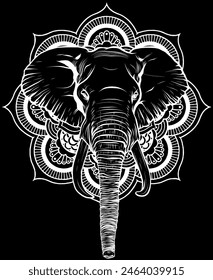 Elephant head in white line on black background
