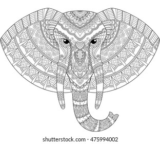 Elephant head in zentangle style. Adult antistress coloring page. Black and white hand drawn doodle for coloring book. Ethnic pattern, ornament. African, indian design.