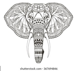 Elephant head zentangle stylized, vector, illustration, freehand pencil, hand drawn, pattern. Zen art. Ornate vector. Lace. Coloring.