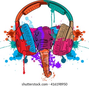 The elephant in the headphones,vector, abstract,musical splashes and drops